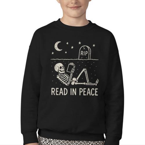 Skeleton Read In Peace Halloween Book Graphic Bookish Youth Crewneck Sweatshirt - Bookorys DE