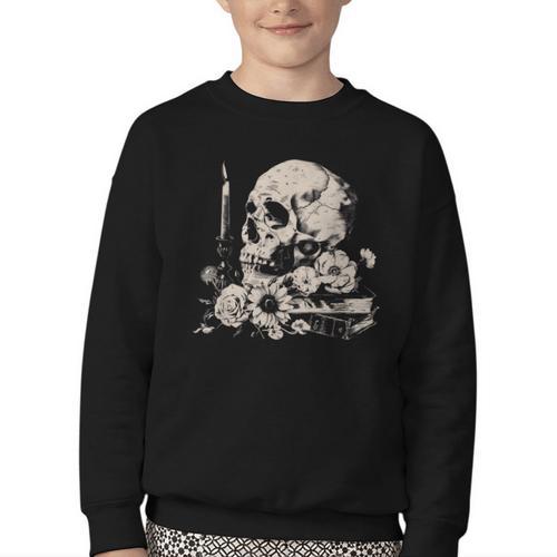 Skull Books Flowers Goth Reader Grunge Dark Alt Aesthetic Youth Crewneck Sweatshirt - Bookorys
