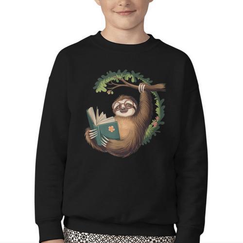 Sloth Reading a Book Lazy Sloth Bookworm Youth Crewneck Sweatshirt - Bookorys