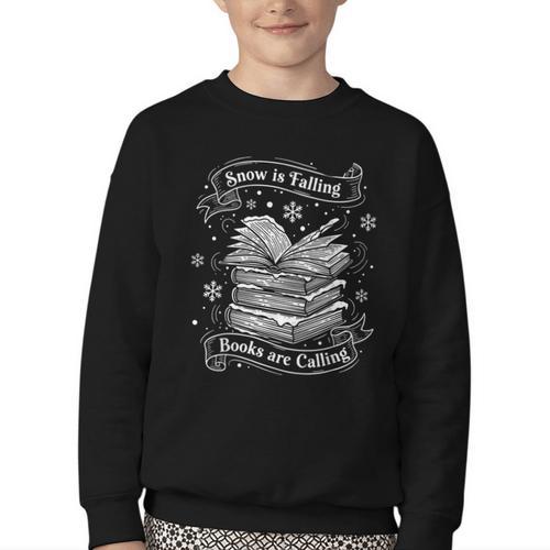 Snow Is Falling Books Are Calling Winter Reading Youth Crewneck Sweatshirt - Bookorys
