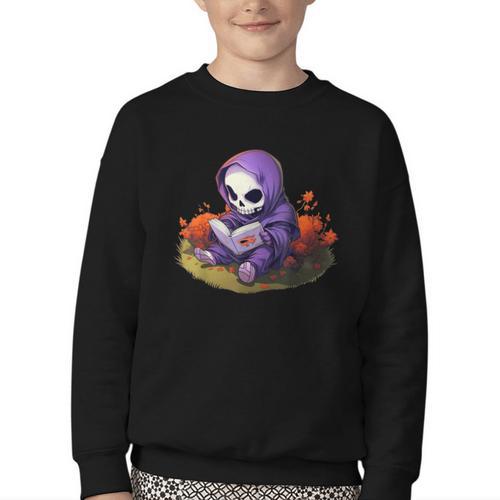 Spooky Grim Reaper Reading A Book Cute Creepy Halloween Youth Crewneck Sweatshirt - Bookorys