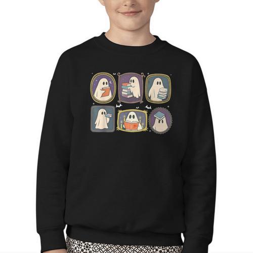 Spooky Teacher Halloween Ghost Reading Book Trick Or Treat Youth Crewneck Sweatshirt - Bookorys AU