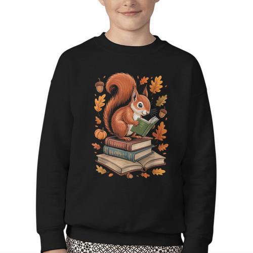 Squirrel Reading Book Lovers Fall Leaves Library Books Youth Crewneck Sweatshirt - Bookorys CA