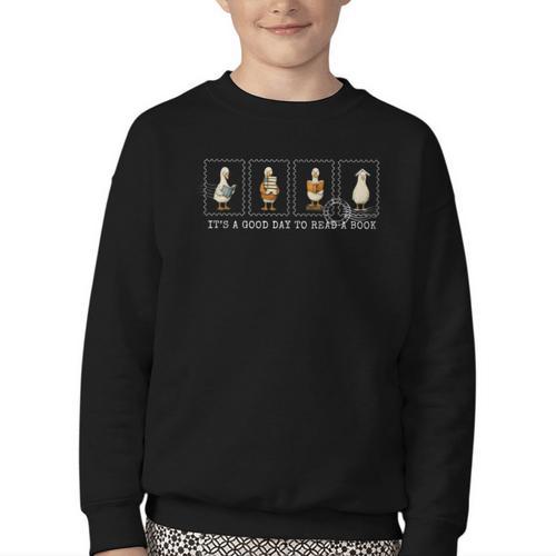 Stamp It's A Good Day To Read A Book Silly Goose Reading Youth Crewneck Sweatshirt - Bookorys