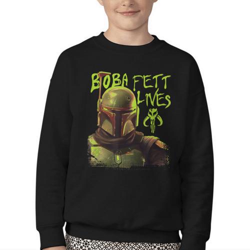 Star Wars The Book Of Boba Fett Neon Boba Fett Lives Poster Youth Crewneck Sweatshirt - Bookorys