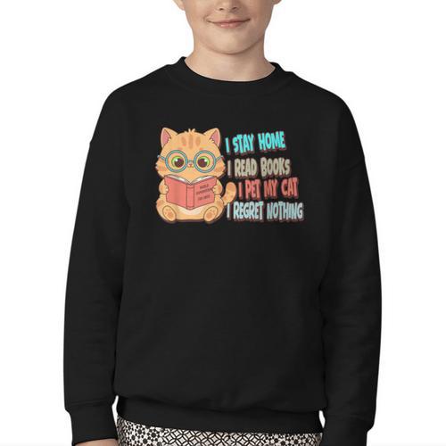 Stay Home Read Books Pet My Cat Regret Nothing Cats Book Youth Crewneck Sweatshirt - Bookorys