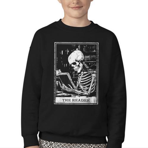 Tarot Card Shirt The Reader Tarot Skeleton Reading Book Youth Crewneck Sweatshirt - Bookorys