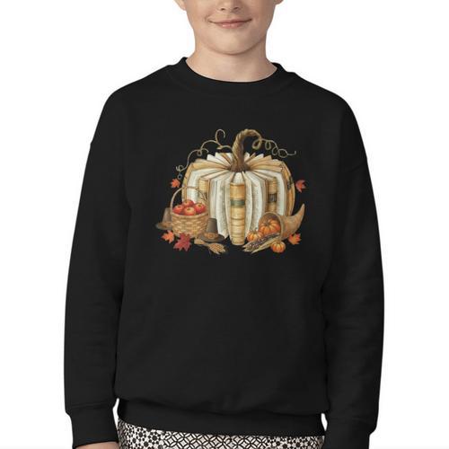 Teacher Book Pumpkin Fall Reading Thanksgiving Autumn Youth Crewneck Sweatshirt - Bookorys