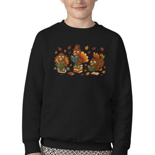 Teacher Fall Thanksgiving Turkey Reading Books Lovers Youth Crewneck Sweatshirt - Bookorys