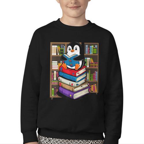 Teacher Librarian Kawaii Penguin Book Lover Penguin Youth Crewneck Sweatshirt - Bookorys