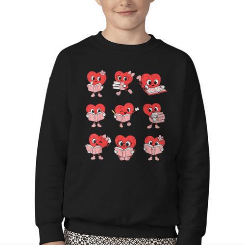 Teacher Valentines Day Reading Book Lover Bookworm Library Youth Crewneck Sweatshirt - Bookorys AU