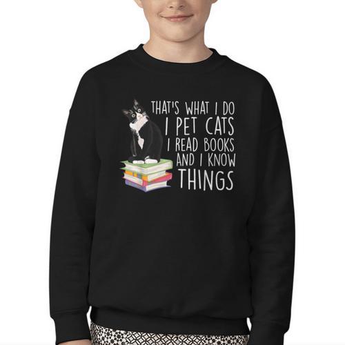 That's What I Do I Pet Cat I Read Books Tuxedo Cat Bookworm Youth Crewneck Sweatshirt - Bookorys AU