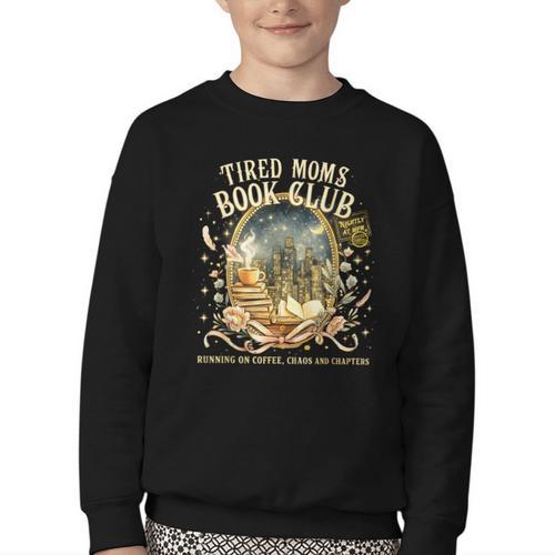 Tired Moms Book Club Cozy Night Coffee Reading Cat Youth Crewneck Sweatshirt - Bookorys DE