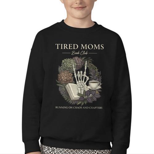 Tired Moms Book Club Dark Floral Coffee Skeleton Youth Crewneck Sweatshirt - Bookorys DE