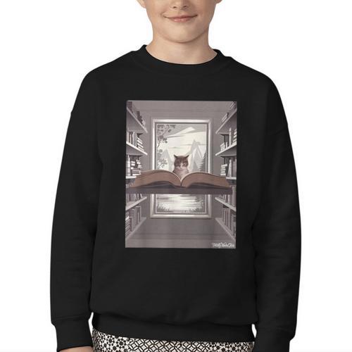 Totally Weird Tees Cat Library Book Reading Literary Youth Crewneck Sweatshirt - Bookorys AU