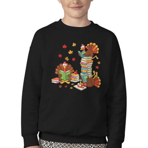 Turkey Reading Books Fall Librarian Book Lover Teacher Kids Youth Crewneck Sweatshirt - Bookorys