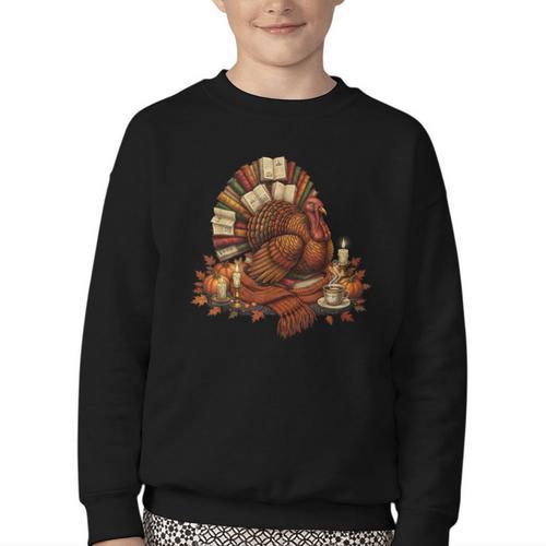 Turkey Reading Books Fall Season Thanksgiving Teacher Book Youth Crewneck Sweatshirt - Bookorys