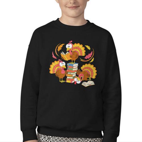 Turkey Reading Books Fall Thanksgiving Teacher Librarian Youth Crewneck Sweatshirt - Bookorys AU