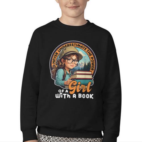 Never Underestimate The Power Of a Girl With a Book Reading Youth Crewneck Sweatshirt - Bookorys