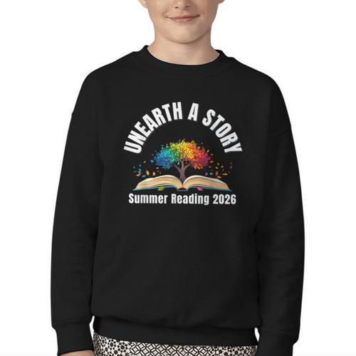 Unearth a Story 2026 Summer Reading Program Tree Book Youth Crewneck Sweatshirt - Bookorys DE