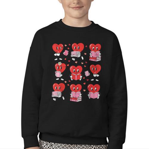Valentines Day Librarian Heart Reading Book Women Men Kids Youth Crewneck Sweatshirt - Bookorys AU