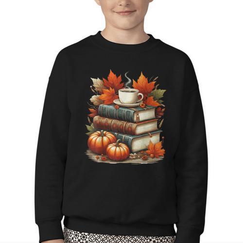 Vintage Autumn Books Coffee Pumpkin Fall Reading Youth Crewneck Sweatshirt - Bookorys CA