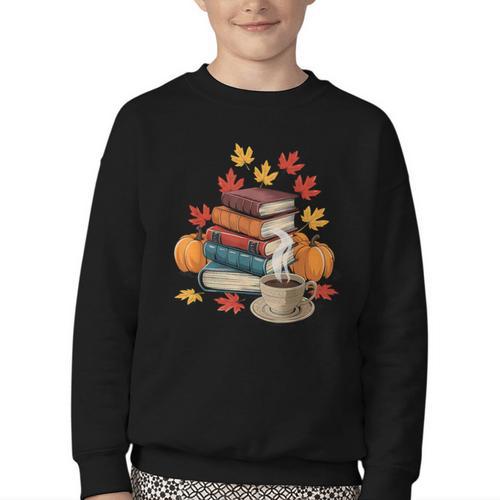 Vintage Books Tea Lovers Fall Autumn Leaves And Pumpkins Youth Crewneck Sweatshirt - Bookorys CA
