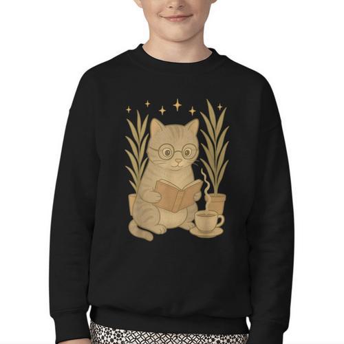 Vintage Cat Reading Book Lover Retro Kitten Cottagecore Youth Crewneck Sweatshirt - Bookorys AU