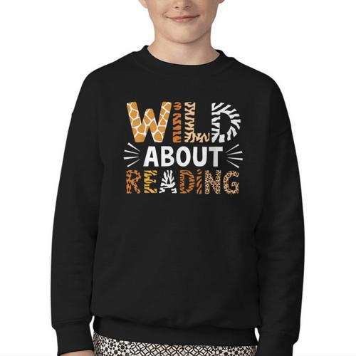 Wild About Reading Animal Bookworm Library Book Lover Reader Youth Crewneck Sweatshirt - Bookorys