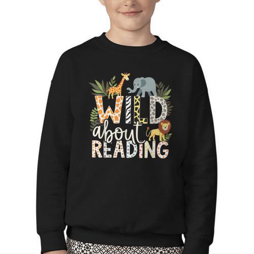 Wild About Reading Animals And Book Lovers Youth Crewneck Sweatshirt - Bookorys DE