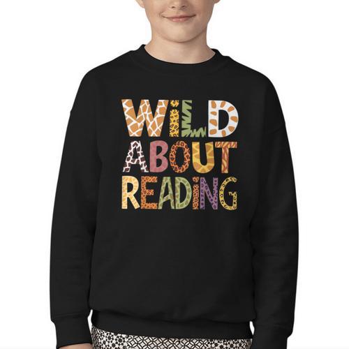 Wild About Reading Book Animal Children's Book Lover Teacher Youth Crewneck Sweatshirt - Bookorys