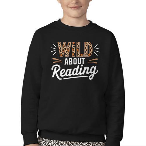 Wild About Reading Books Reader Lover Bookworm Leopard Print Youth Crewneck Sweatshirt - Bookorys DE
