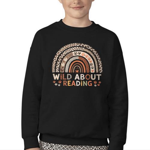 Wild About Reading Books Reader Lover Library Day Librarian Youth Crewneck Sweatshirt - Bookorys