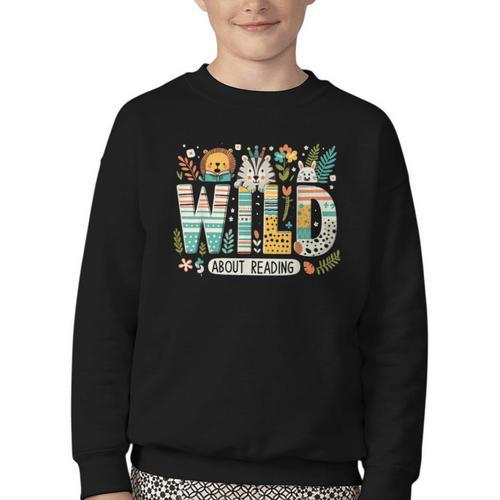 Wild About Reading Bookworm Book Reader Zoo Animals Youth Crewneck Sweatshirt - Bookorys DE