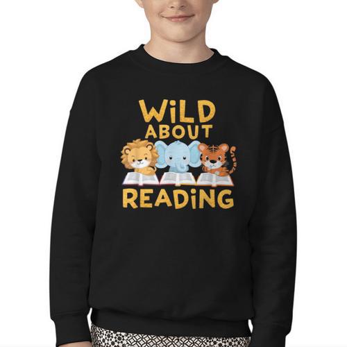 Wild About Reading Cute Animal Book Lover Kids Youth Crewneck Sweatshirt - Bookorys
