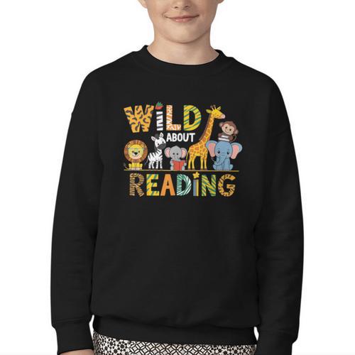 Wild About Reading Kid Love Wild Animal Books Back To School Youth Crewneck Sweatshirt - Bookorys CA