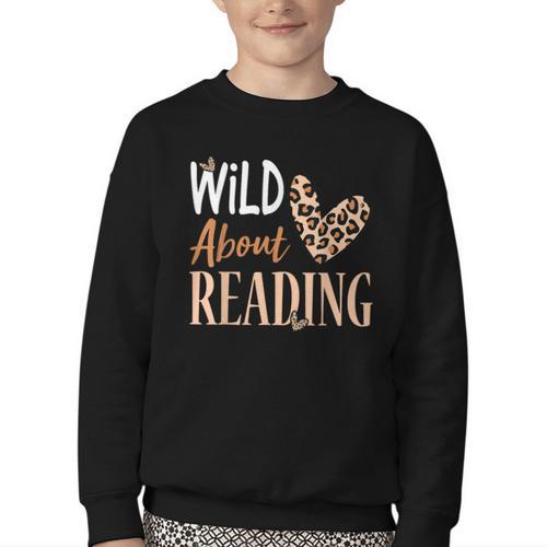 Wild About Reading Teacher Books Reader Lovers Leopard Zebra Youth Crewneck Sweatshirt - Bookorys DE