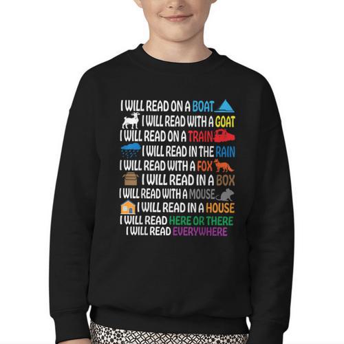 I Will Read Books On A Boat & Everywhere Reading Kids Book Youth Crewneck Sweatshirt - Bookorys