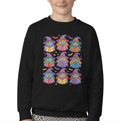 Witches Reading Books Halloween Cute Teens Kids Youth Crewneck Sweatshirt - Bookorys