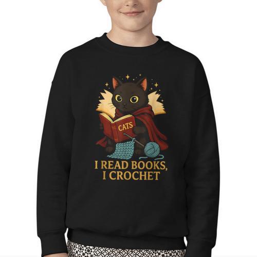 Wizard Cat Reading a Book While Crocheting Youth Crewneck Sweatshirt - Bookorys DE