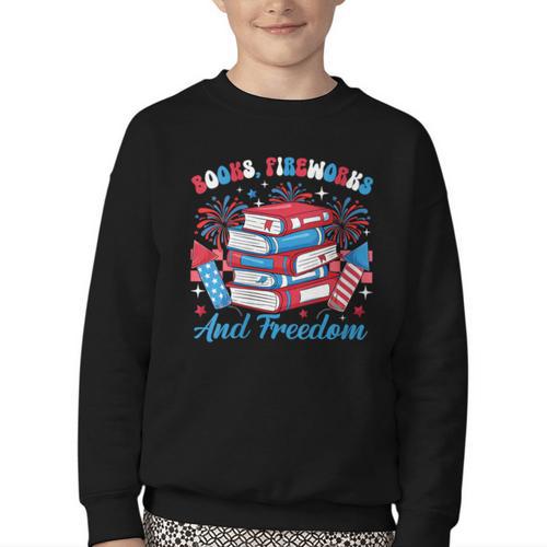 Women's Books Fireworks And Freedom Independence Day Book Lover Youth Crewneck Sweatshirt - Bookorys