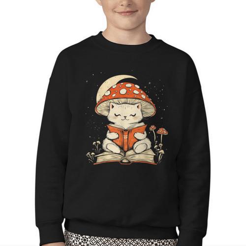 Women's Cottagecore Mushroom Cat Reading a Book Youth Crewneck Sweatshirt - Bookorys AU
