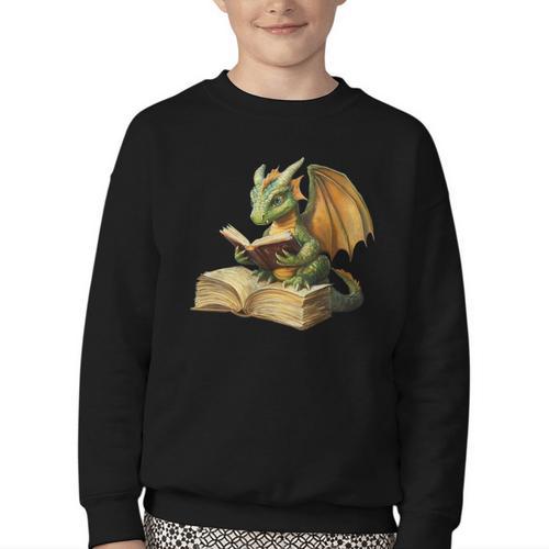 Women's Dragon Bookworm Reading Book Graphic Youth Crewneck Sweatshirt - Bookorys