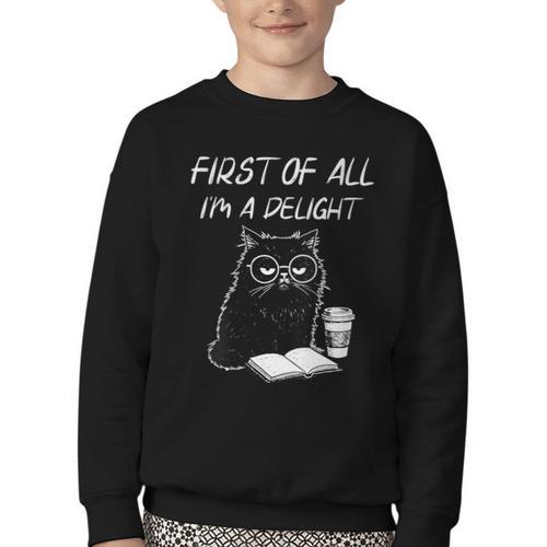 Women's First Of All I’m A Delight Cute Cat Books Coffee Humor Youth Crewneck Sweatshirt - Bookorys DE