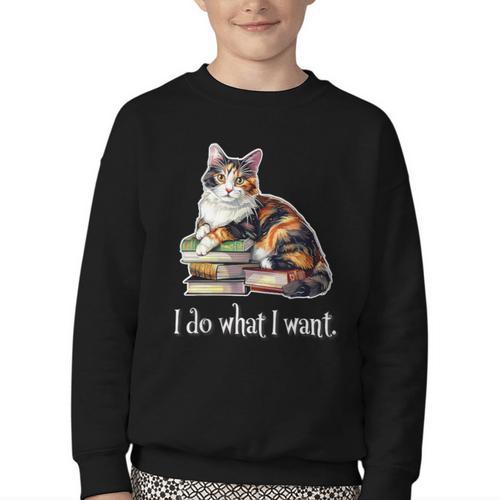 Womens Girls Books I Do What I Want Calico Cat Lover Youth Crewneck Sweatshirt - Bookorys CA