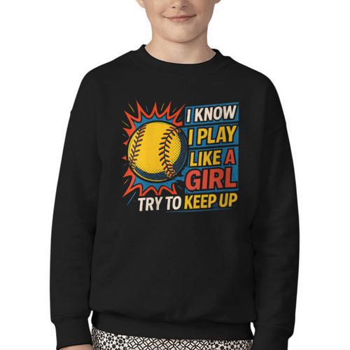 Women's Girls Softball Play Like A Girl Comic Book Pop Art Youth Crewneck Sweatshirt - Bookorys DE