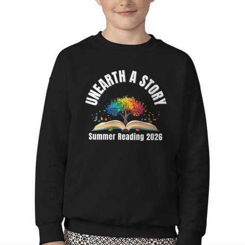 Women's Unearth a Story 2026 Summer Reading Program Tree Book Youth Crewneck Sweatshirt - Bookorys DE