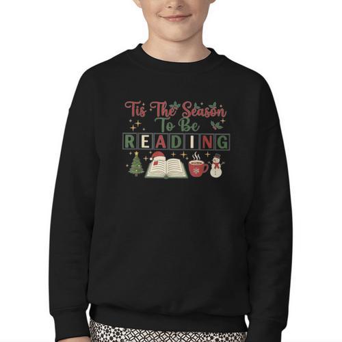 Xmas Books Tis The Season To Be Reading Book Lover Youth Crewneck Sweatshirt - Bookorys