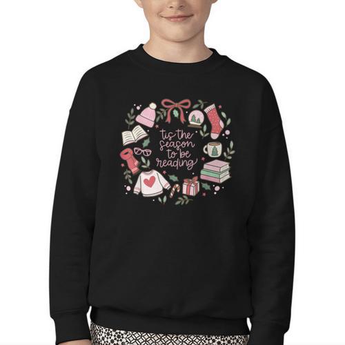 Xmas Tis The Season To Be Reading Books Pajamas Youth Crewneck Sweatshirt - Bookorys
