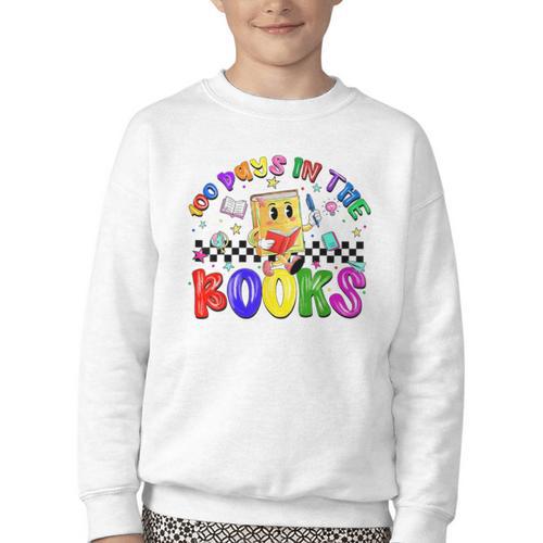 100 Days In The Book Fun 100 Days Of School Boy Girl Teacher Youth Crewneck Sweatshirt - Bookorys